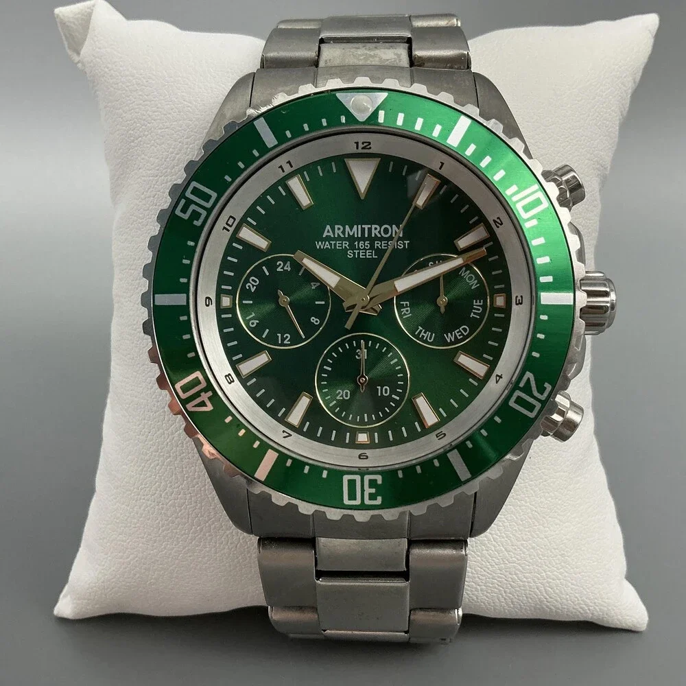 Armitron Mens Watch 45mm Green Dial Stainless Day Date New Battery 7.75